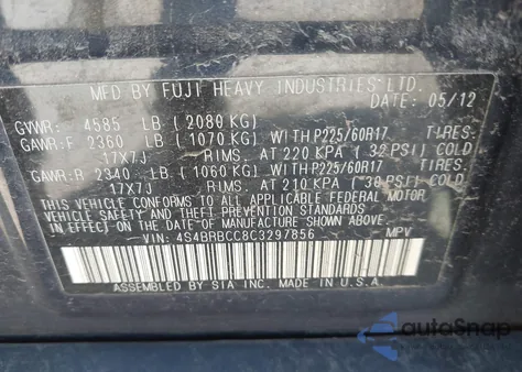 2012 Subaru Outback 2.5I Premium from USA, damaged, VIN 4S4BRBCC8C3297856